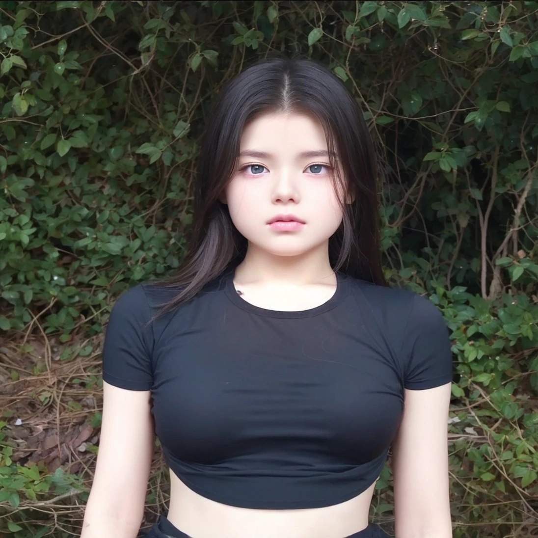Teenage girl forehead a little big pale clean skin black silky soft hair, with small pink lips and a small, thin potato nose and blue-green eyes , taking a photo in a forest looking at the camera would be good quality