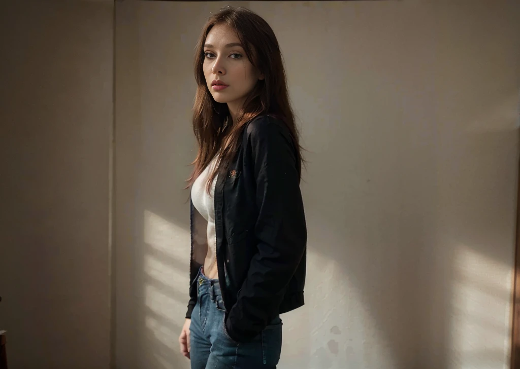 misa, realistic portrait of a beautiful young woman with long brown hair and striking blue eyes, looking directly at the camera with a soft expression, standing in a room with white walls, wearing a black jacket, a white t-shirt and blue jeans pants, natural lighting, highly detailed, photorealistic, 8k, (best quality, ultra-detailed, masterpiece:1.2), (realistic:1.37), cinematic lighting, warm color tones, elegant, captivating