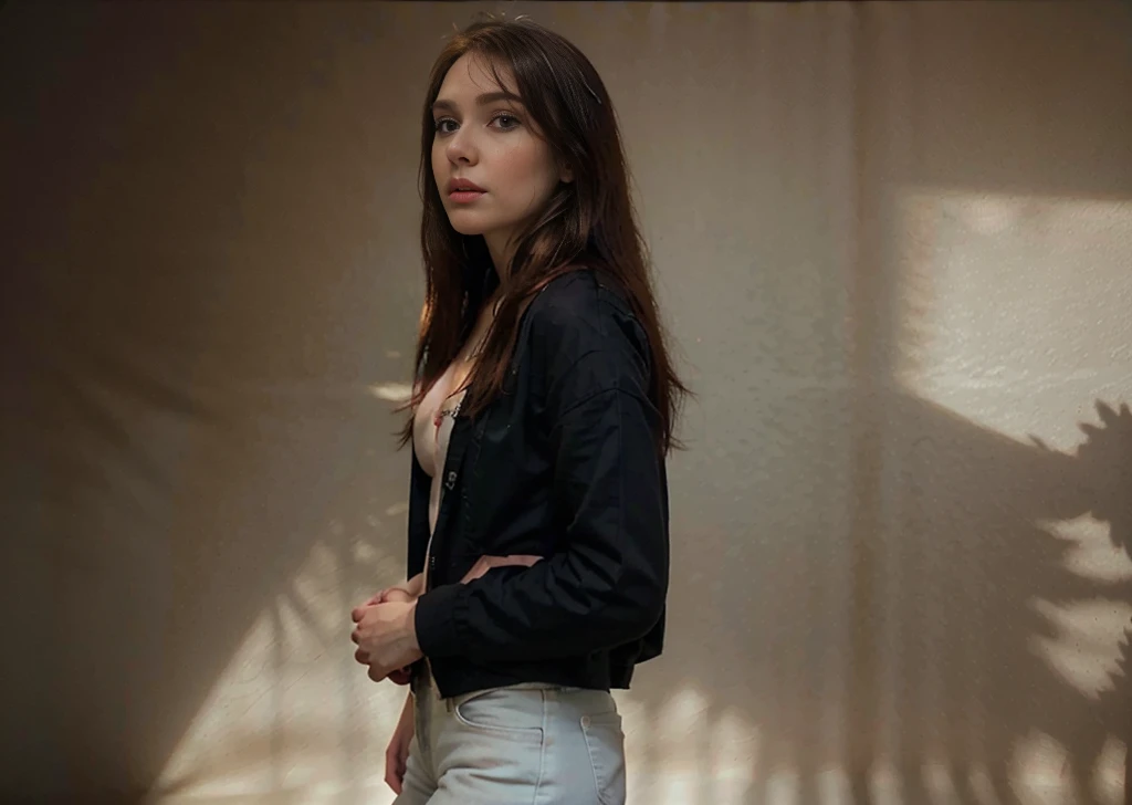 misa, realistic portrait of a beautiful young woman with long brown hair and striking blue eyes, looking directly at the camera with a soft expression, standing in a room with white walls, wearing a black jacket, a white t-shirt and blue jeans pants, natural lighting, highly detailed, photorealistic, 8k, (best quality, ultra-detailed, masterpiece:1.2), (realistic:1.37), cinematic lighting, warm color tones, elegant, captivating