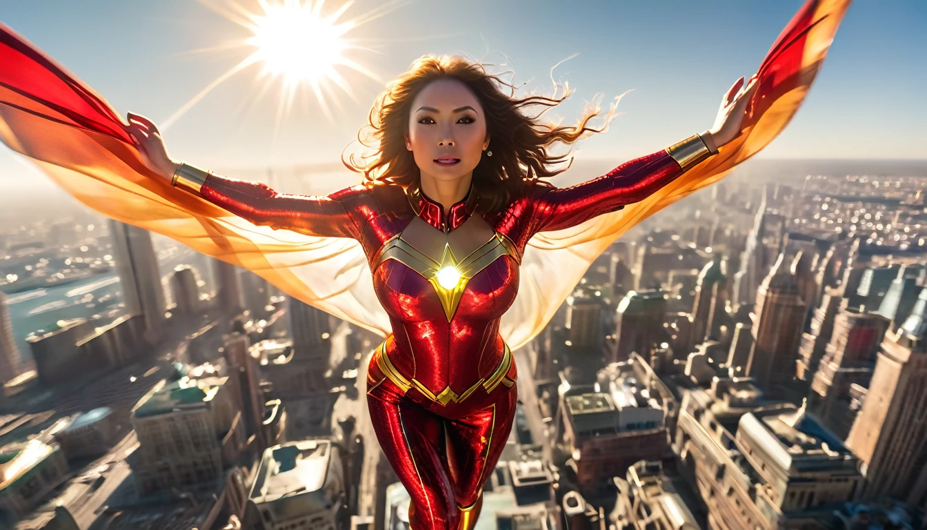 Epic superhero photo of Solarflare, a powerful woman with radiant skin and glowing eyes, wearing a golden-red suit with a shimmering cape, absorbing solar energy with her hands outstretched, full body framing, ascending above a partially frozen city skyline, under intense sunlight with lens flares and light bursts, shot from a low angle looking up, on a RED KOMODO 6K camera with an ultra-wide lens, (HDR effect:1.4), (dynamic motion blur on cape:1.2), in the style of (Alex Ross's realistic superhero paintings:1.3) meets (J.J. Abrams' lens flare aesthetic:1.3)
