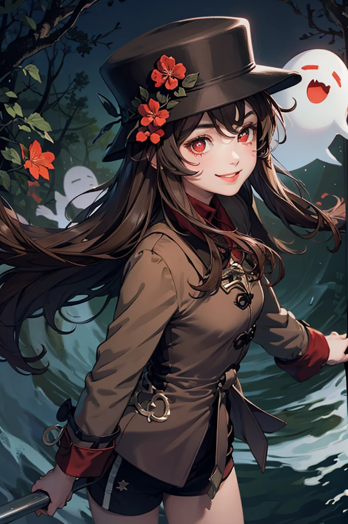 1 girl solo, brown jacket, long brown hair, red eyes, brown hat with red flowers, white ghost smiling, outside in a swampy forest at night, swamp lights, ghost figures around, blue lights flying in the air, will-o-the-wisp
