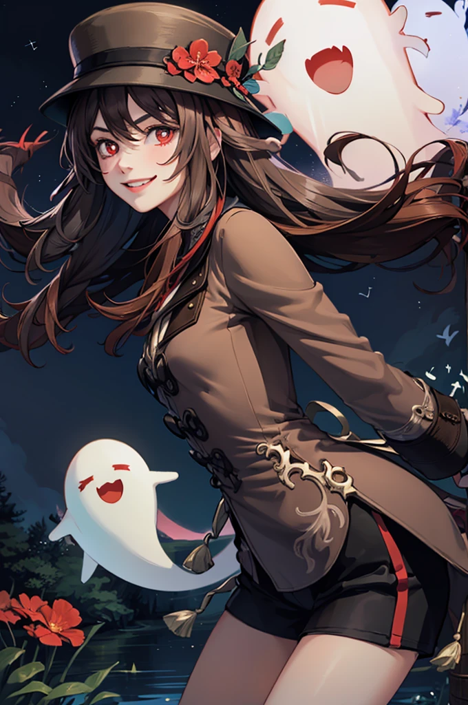 1 girl solo, brown jacket, long brown hair, red eyes, brown hat with red flowers, white ghost smiling, outside in a swampy forest at night, swamp lights, ghost figures around, blue lights flying in the air, will-o-the-wisp