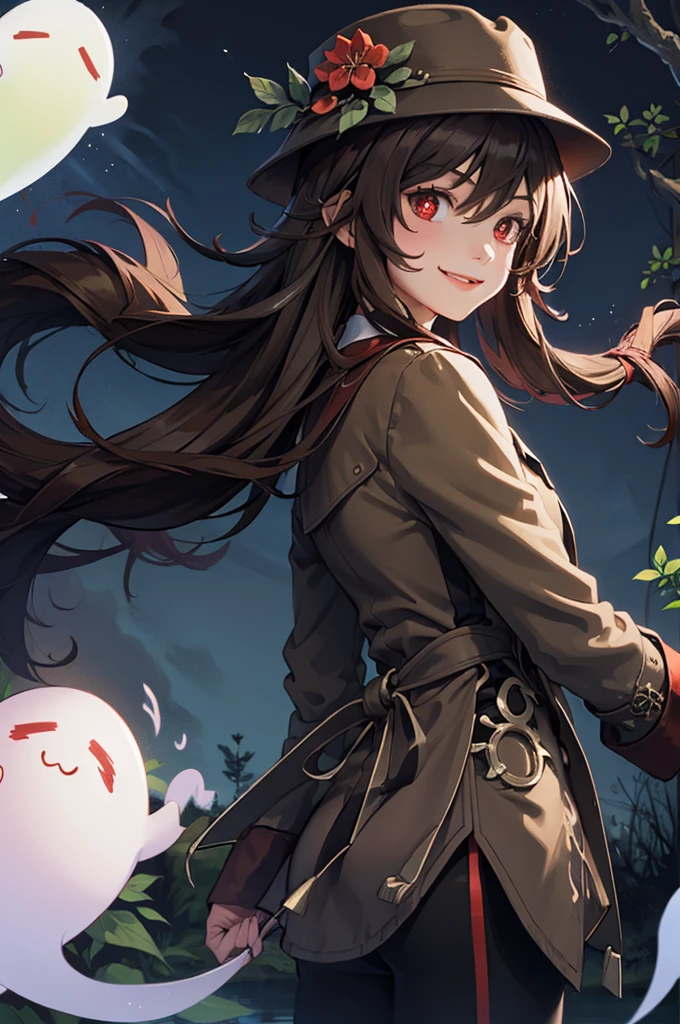 1 girl solo, brown jacket, long brown hair, red eyes, brown hat with red flowers, white ghost smiling, outside in a swampy forest at night, swamp lights, ghost figures around, blue lights flying in the air, will-o-the-wisp
