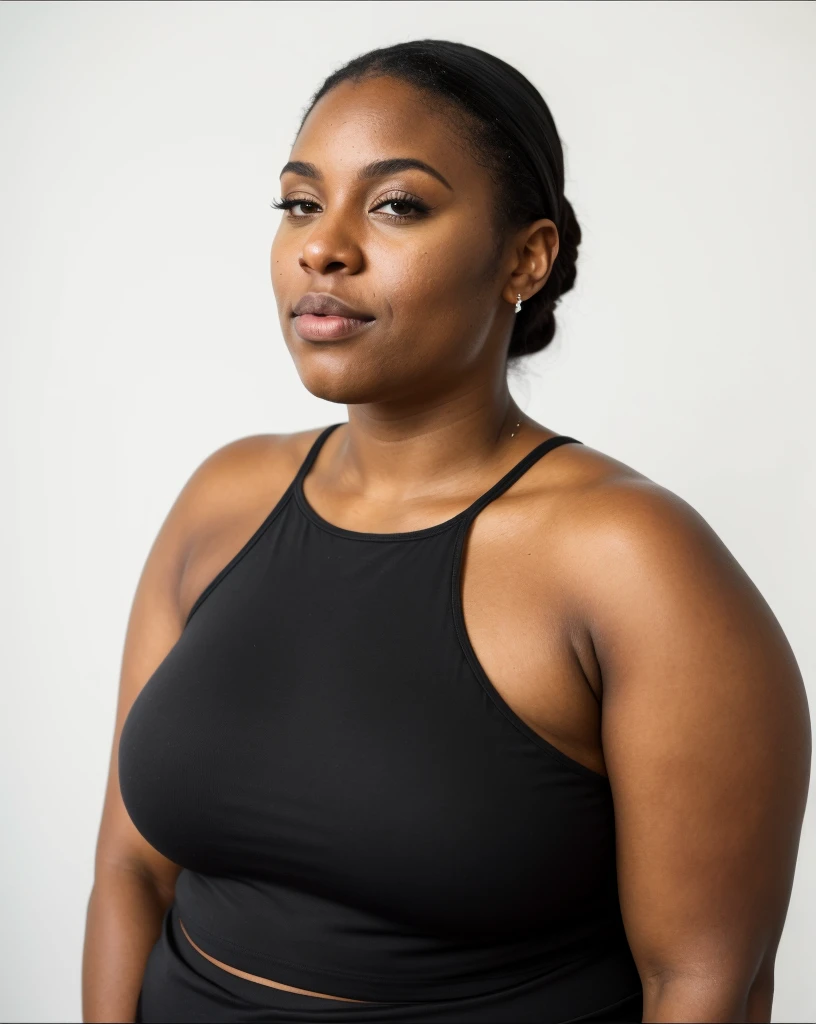 there is a woman with a tattoo on her arm and a black top, 30-year-old woman from cuba, she is wearing a black tank top, malika favre, photo of a black woman, a portrait of a plump woman, tight black tanktop, full face and body portrait, half body portrait of juliana and A man with a beard on face hold this womans chest