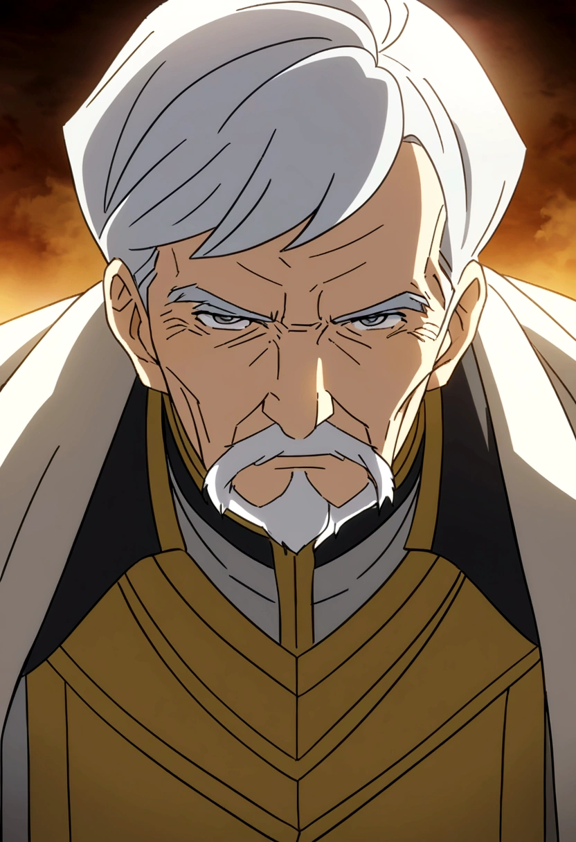 an elderly man, seventy years old, has white hair and gray eyes, has a defined build, wears gray and gold medieval clothing, anime style