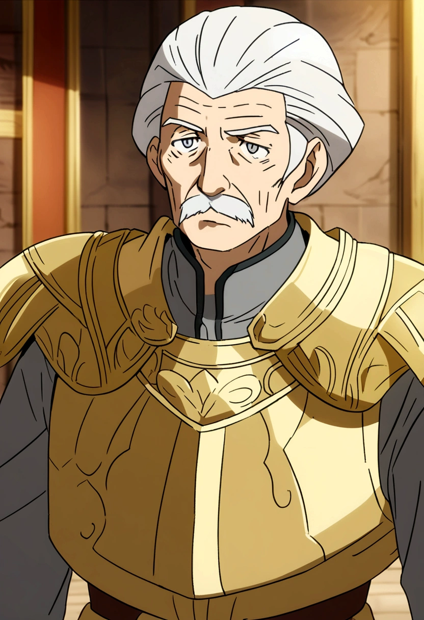 an elderly man, seventy years old, has white hair and gray eyes, has a defined build, wears gray and gold medieval clothing, anime style
