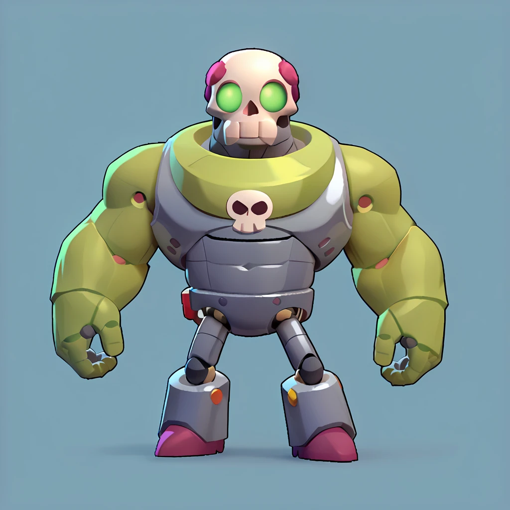 full body view of robot mixed with transparent incubator, skull of human living in robot mixed with incubator, muscular green arms, robotic legs, brawl, brawl stars