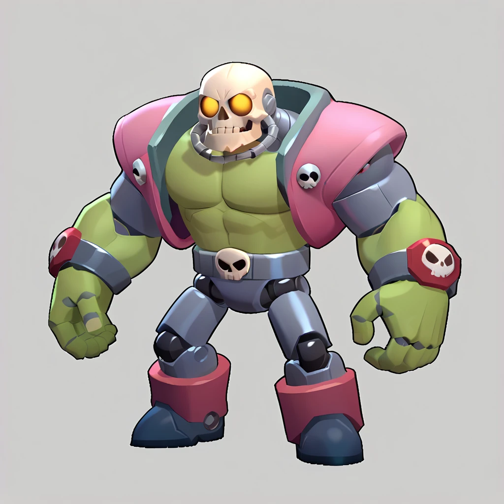 full body view of robot mixed with transparent incubator, skull of human living in robot mixed with incubator, muscular green arms, robotic legs, brawl, brawl stars