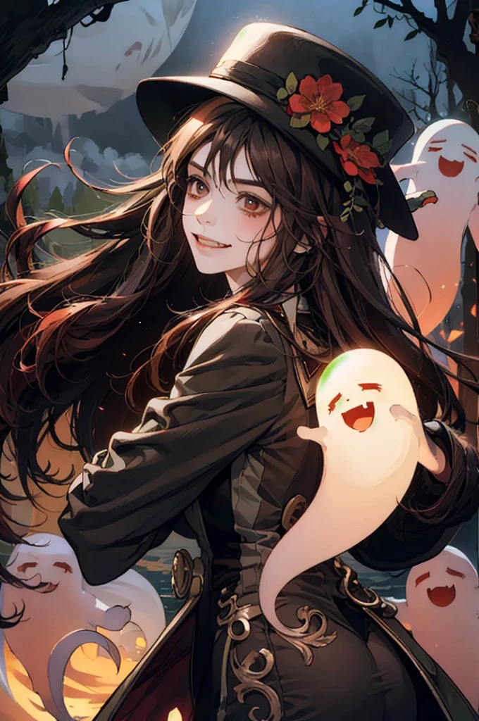 1 girl solo, brown jacket, long brown hair, red eyes, brown hat with red flowers, white ghost smiling, outside in a swampy forest at night, swamp lights, ghost figures around, blue lights flying in the air, will-o-the-wisp