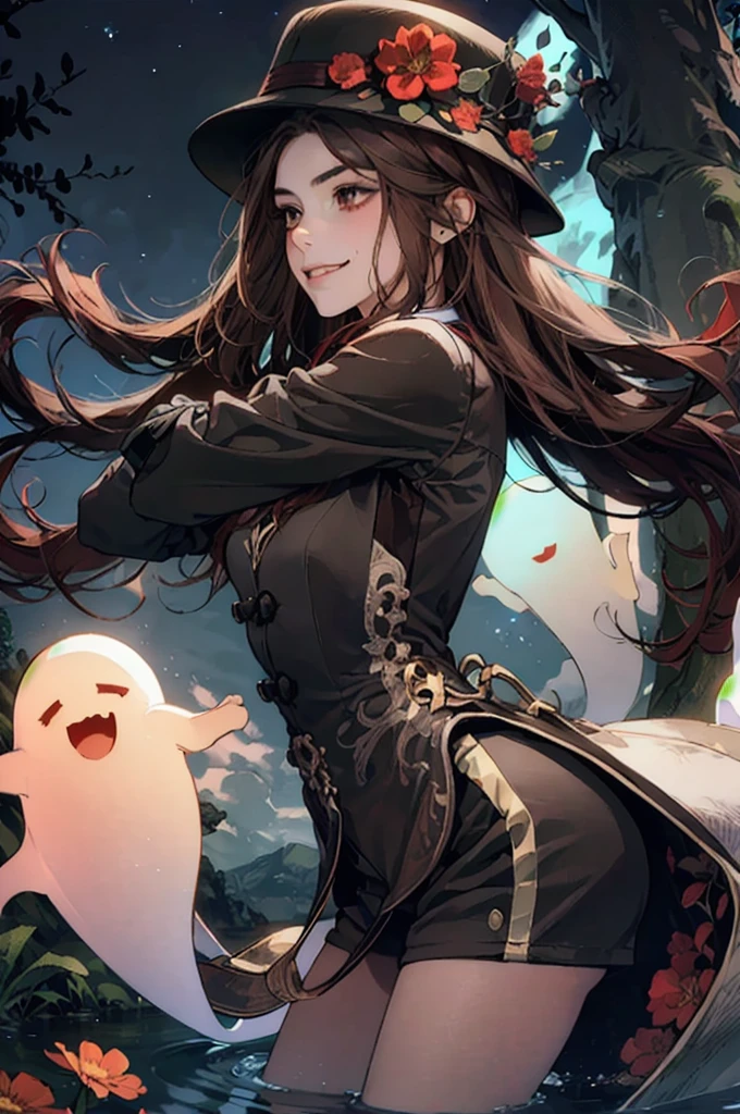 1 girl solo, brown jacket, long brown hair, red eyes, brown hat with red flowers, white ghost smiling, outside in a swampy forest at night, swamp lights, ghost figures around, blue lights flying in the air, will-o-the-wisp