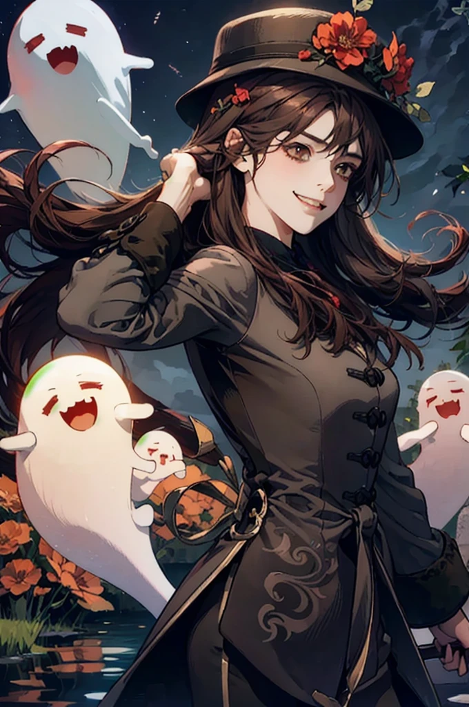 1 girl solo, brown jacket, long brown hair, red eyes, brown hat with red flowers, white ghost smiling, outside in a swampy forest at night, swamp lights, ghost figures around, blue lights flying in the air, will-o-the-wisp