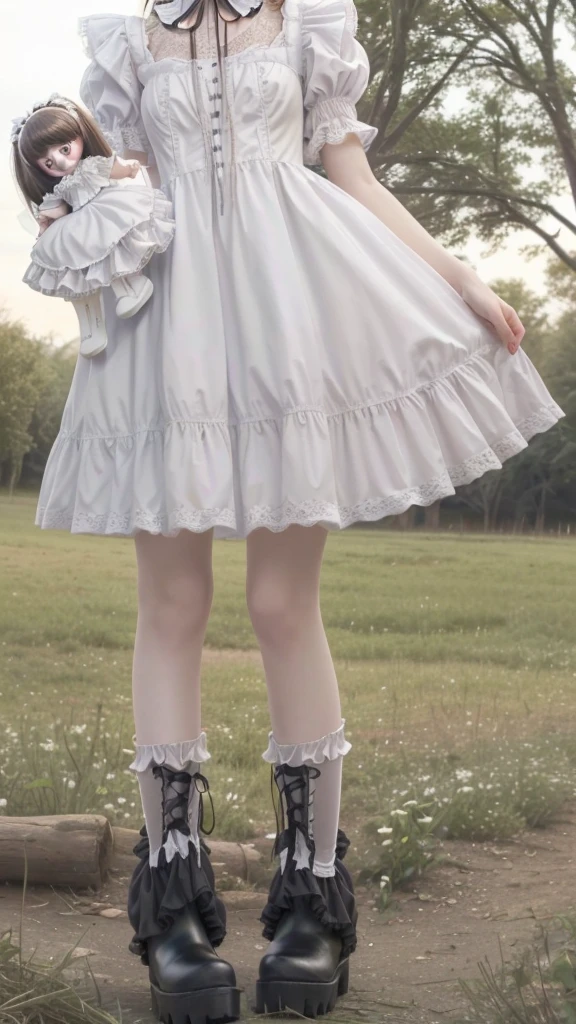 araffe girl in a white dress and black boots holding a doll, ta style, Loliashion, dress with ruffles ((tattered)), linda angelical, dress with ruffles ((lace)), of dress, fairy core, fair and pale skin!!, Clothing with ruffles, young pale ghost, frilled blooming collar, extremely pale