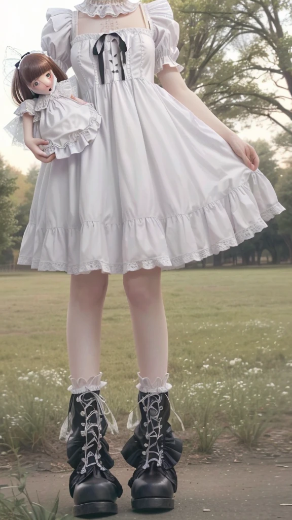 araffe girl in a white dress and black boots holding a doll, lolita style, Lolita fashion, dress with ruffles ((tattered)), linda angelical, dress with ruffles ((lace)), of dress, fairy core, fair and pale skin!!, Clothing with ruffles, young pale ghost, frilled blooming collar, extremely pale