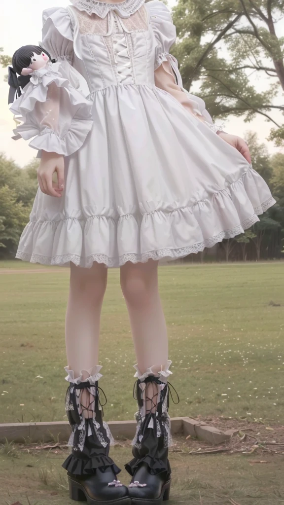 araffe girl in a white dress and black boots holding a doll, lolita style, Lolita fashion, dress with ruffles ((tattered)), linda angelical, dress with ruffles ((lace)),  of dress, fairy core, fair and pale skin!!, Clothing with ruffles, young pale ghost, frilled blooming collar, extremely pale