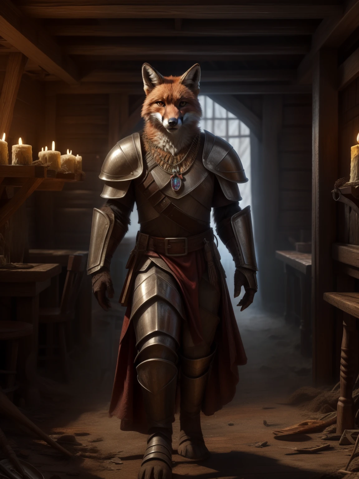 (An abandoned wooden tavern, with a lot of dust, and only a lit candle) Middle Ages, medieval imperial guard with metal armor, red fox head, metal shoulder pads, amulet necklace with a ruby, Realistic fur, furry fox tail