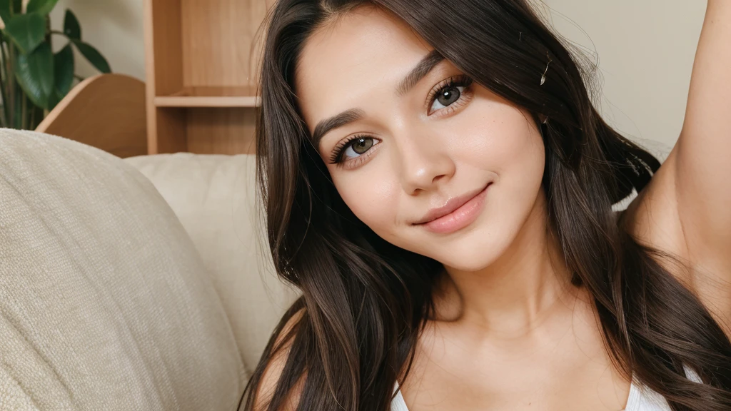 A 24 year old happy girl, having dark brown fish eyes, long hair, a mole on her upper lip on the center