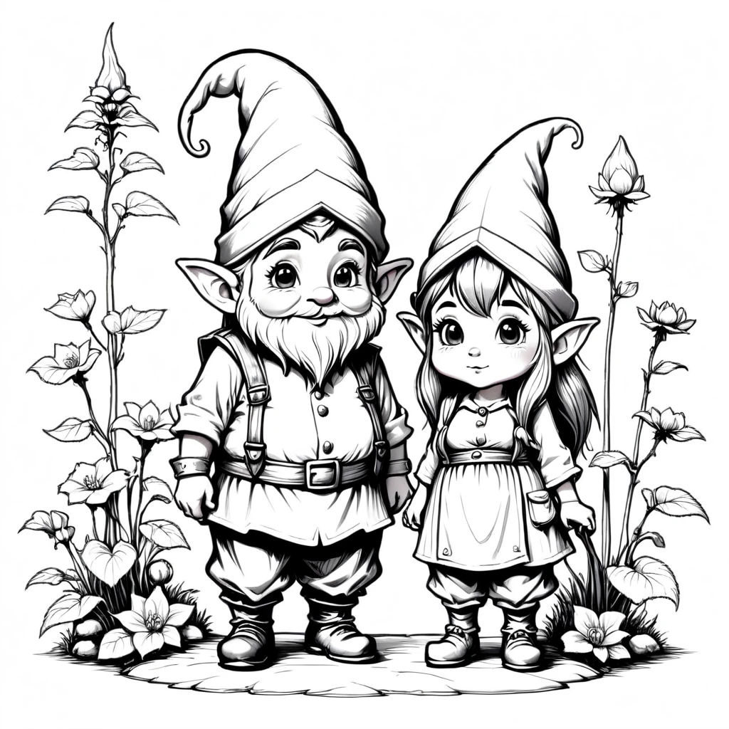 thin line drawing of a couple of gnomes, with the whole body