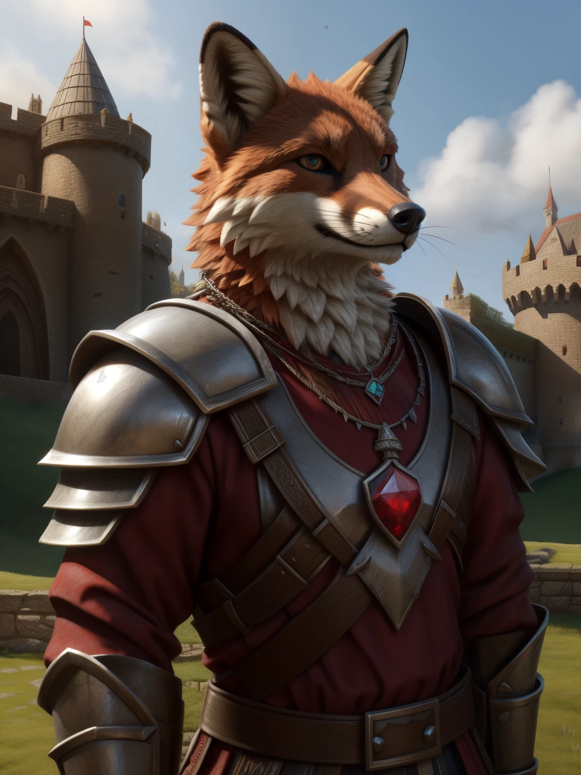 (Lumbridge Castle from the game RuneScape) Middle Ages, medieval imperial guard with metal armor, red fox head, metal shoulder pads, ((necklace with a ruby)), Realistic fur, furry fox tail