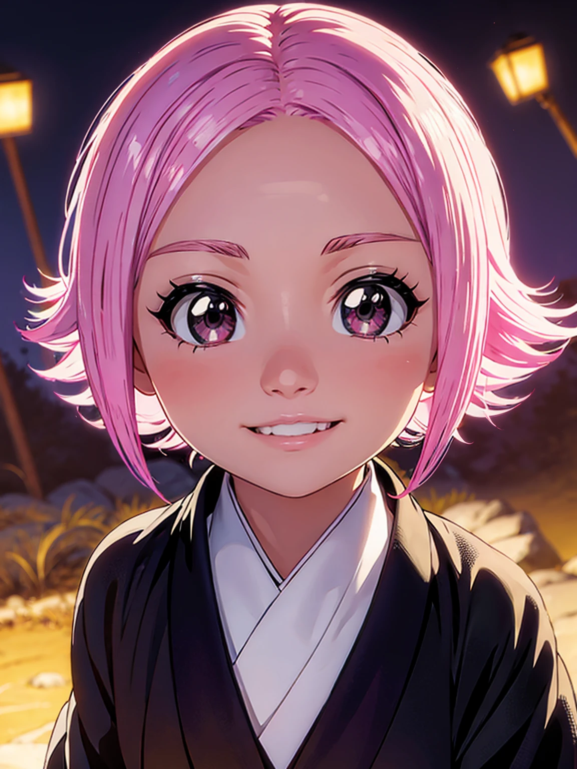 ((ultra detailed work)) , ((vivid colors solar lighting)) , ((face detailed)) , ((body detailed)) a cute young girl with pink hair and pink eyes and in a black kimono and with a beautiful smile. Yachiru to update