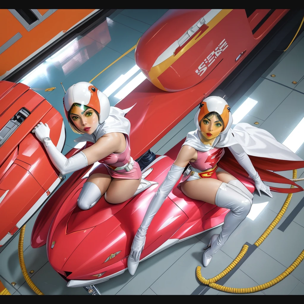 ANI_CLASSIC_jun_gatchaman_ownwaifu,1girl, 15yo,good anatomy, masterpiece, best quality,realistic, hyperrealistic, 16k hdr, long hair,breasts,green eyes,lips,large breasts,lipstick,makeup,gloves,cape,helmet,belt,elbow gloves,white gloves,mask,ultra miniskirt,leotard,spacesuit,white tight overknee highheels boots,pink dress,superhero,bodysuit,cleavage,erected nipples,(sexy pose,view from above),(spread legs:1.1),cameltoe