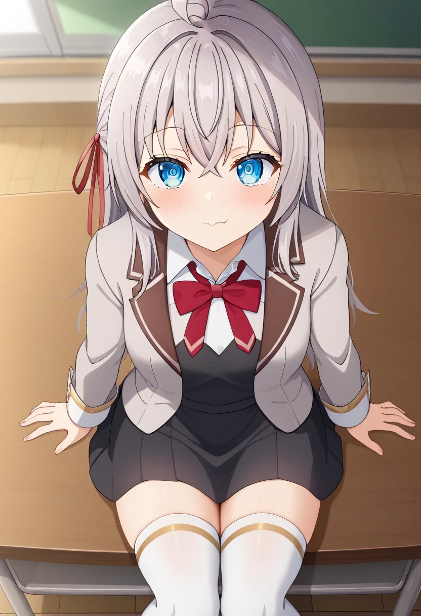 source_anime, 1girl, alya, grey hair, long hair, ahoge, hair ribbon, blue eyes, , bowtie, black skirt, white thighhighs, sitting, on table, innocent face, cute, looking at viewer, from above, classroom 