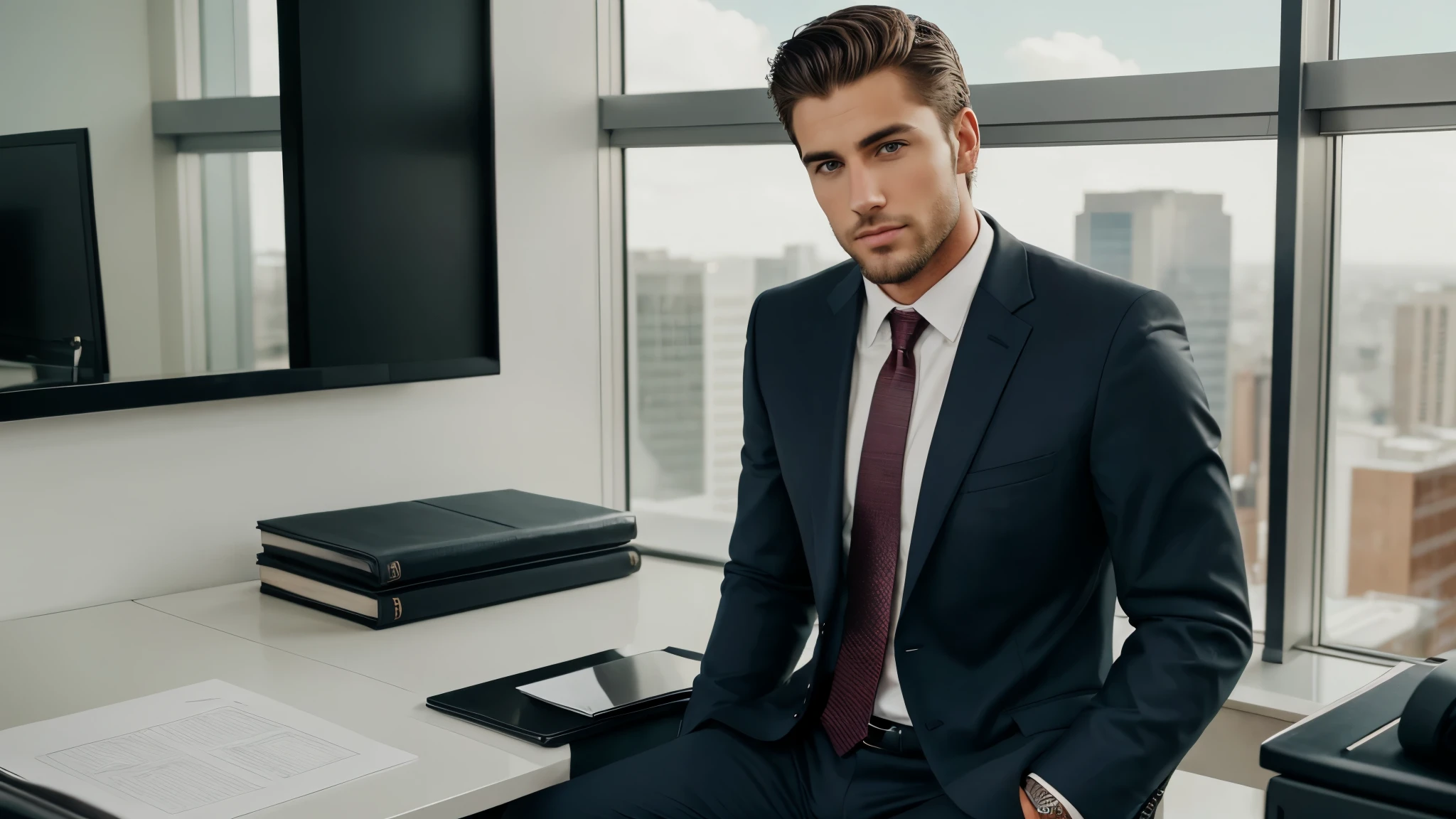 A 28 year old handsome man, arrogant, wearing a business suit, dream guy, an USA resident