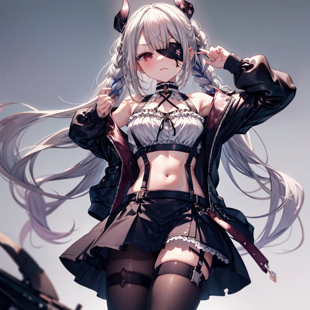 ((Highest quality)), ((masterpiece)), ((detailed)), (4K), 1girl, 独奏, (eyepatch), crop top, leather jacket, Torn miniskirt, suspender skirt, torn pantyhose, panties, panties under pantyhose, choker, bracelet, erect nipples, (rain), (wet),  (expressionless), scowl, (from below), (looking down), looking at viewer, wasteland