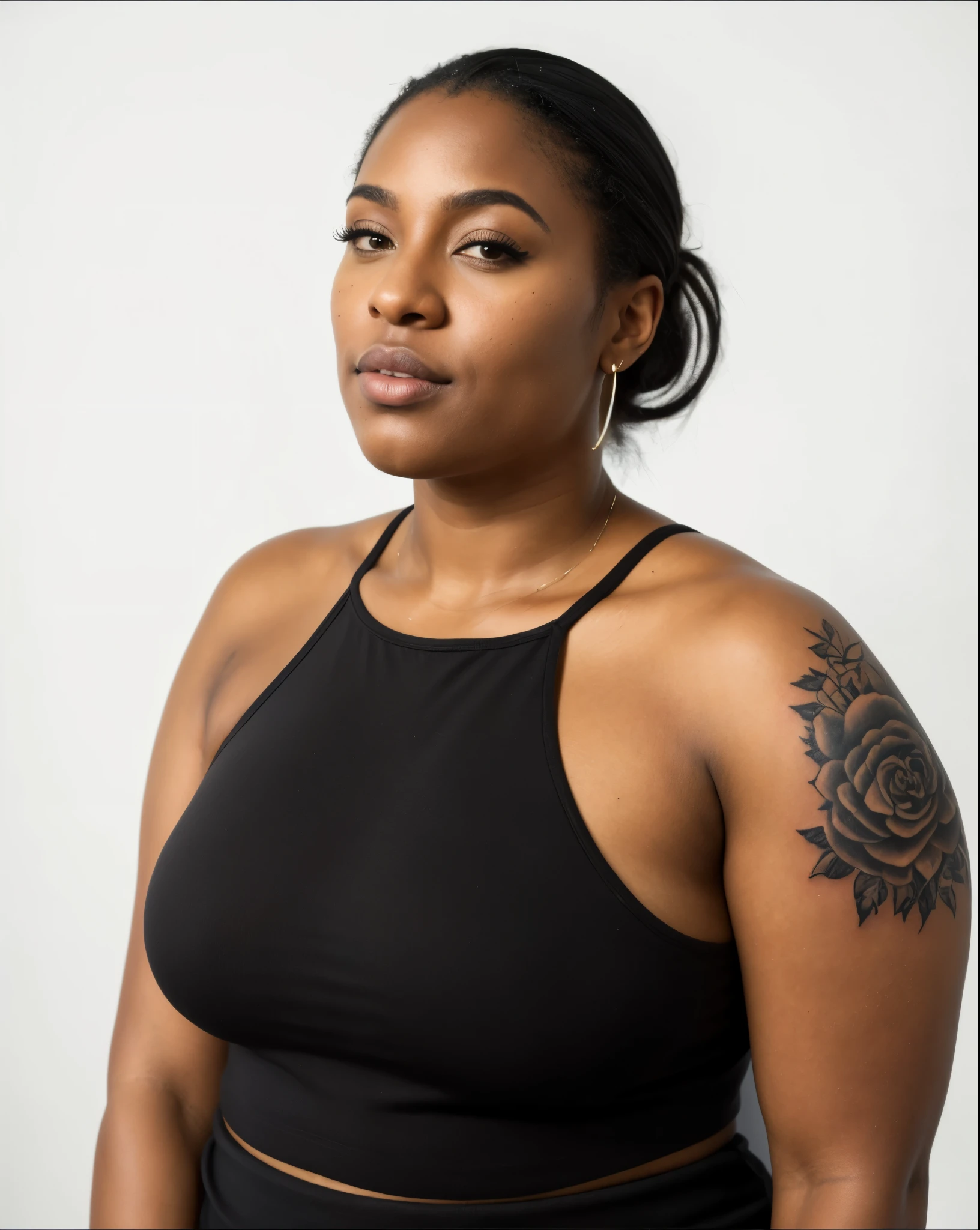 there is a woman with a tattoo on her arm and a black top, 30-year-old woman from cuba, she is wearing a black tank top, malika favre, photo of a black woman, a portrait of a plump woman, tight black tanktop, full face and body portrait, half body portrait of juliana and A man with a beard on face hold this womans chest