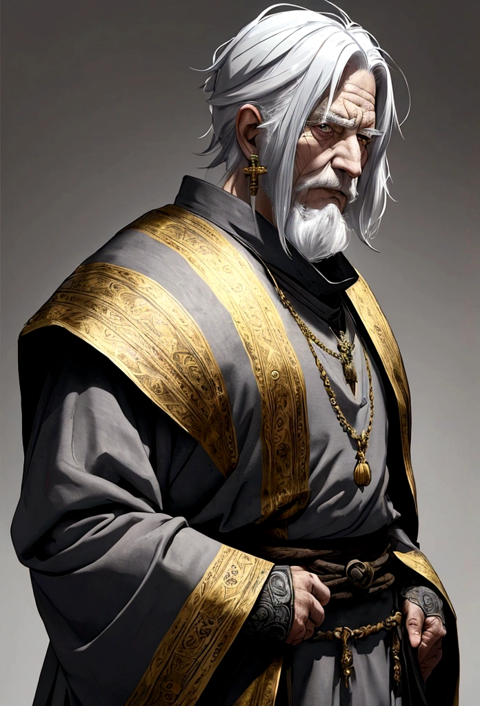 an elderly man, seventy years old, has white hair and gray eyes, has a defined build, wears gray and gold medieval clothing, anime style