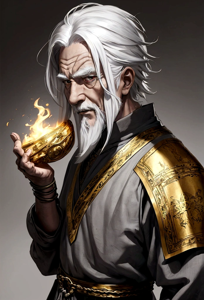 an elderly man, seventy years old, has white hair and gray eyes, has a defined build, wears gray and gold medieval clothing, anime style