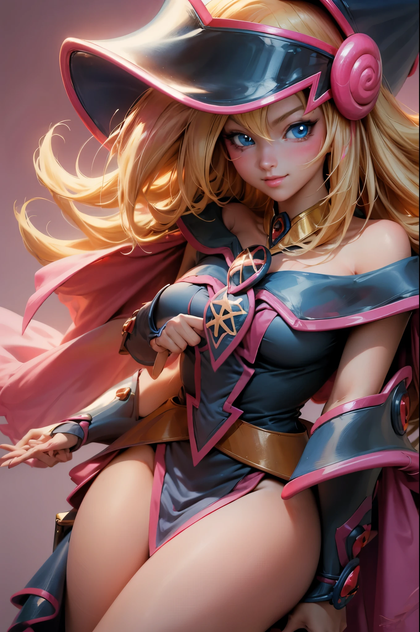 Beautiful face of dark magician gils, blue eyes. pink lips. Long blonde hair. exposed shoulders, angelic smile, beautiful well detailed face of dark magician gils. blowing a kiss. sexy kiss 