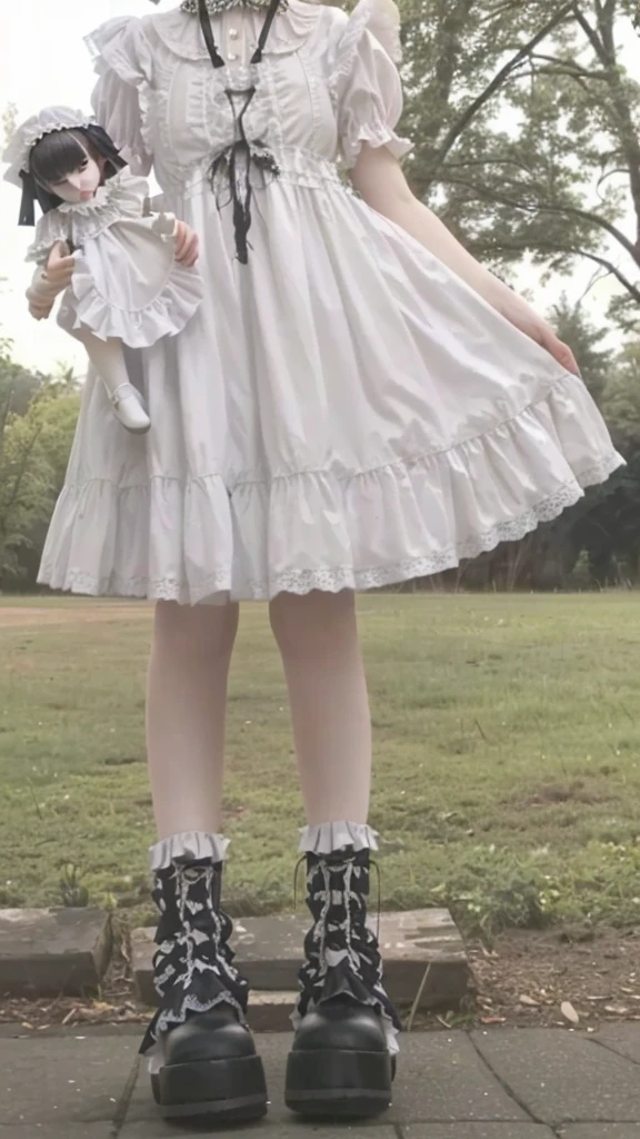 araffe girl in a white dress and black boots holding a doll, ta style, Loliashion, dress with ruffles ((tattered)), linda angelical, dress with ruffles ((lace)), of dress, fairy core, fair and pale skin!!, Clothing with ruffles, young pale ghost, frilled blooming collar, extremely pale