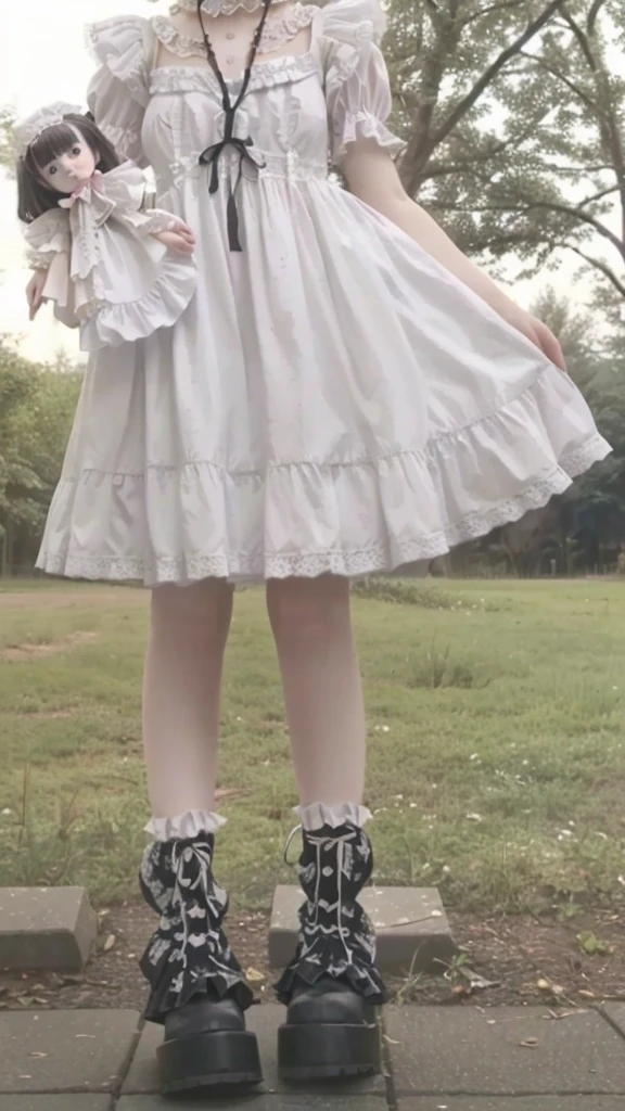 araffe girl in a white dress and black boots holding a doll, lolita style, Lolita fashion, dress with ruffles ((tattered)), linda angelical, dress with ruffles ((lace)), of dress, fairy core, fair and pale skin!!, Clothing with ruffles, young pale ghost, frilled blooming collar, extremely pale
