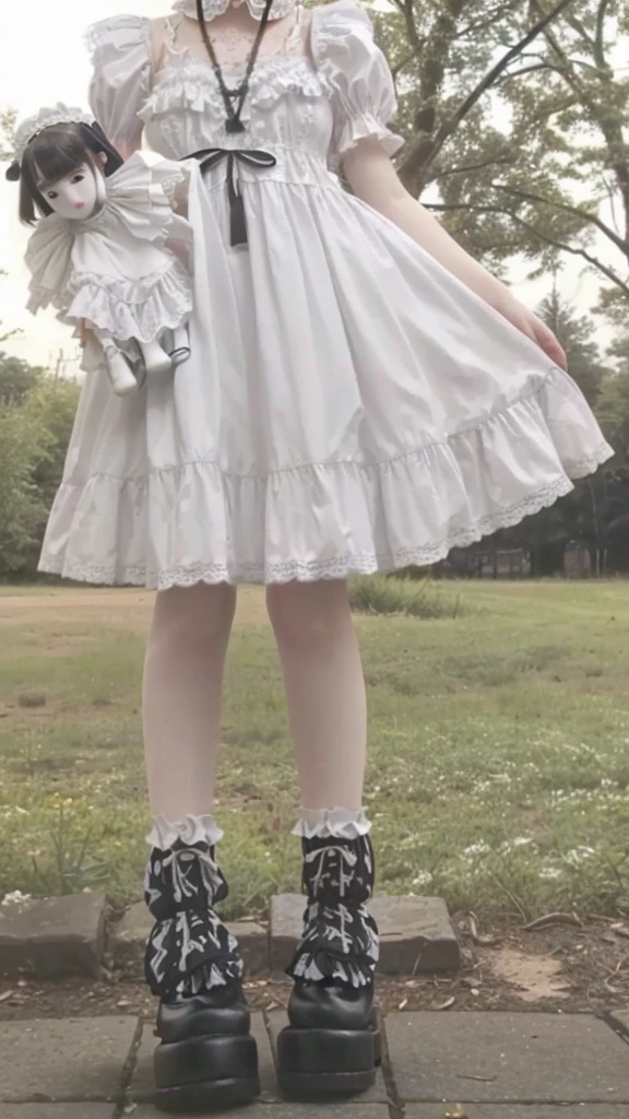 araffe girl in a white dress and black boots holding a doll, lolita style, Lolita fashion, dress with ruffles ((tattered)), linda angelical, dress with ruffles ((lace)), of dress, fairy core, fair and pale skin!!, Clothing with ruffles, young pale ghost, frilled blooming collar, extremely pale