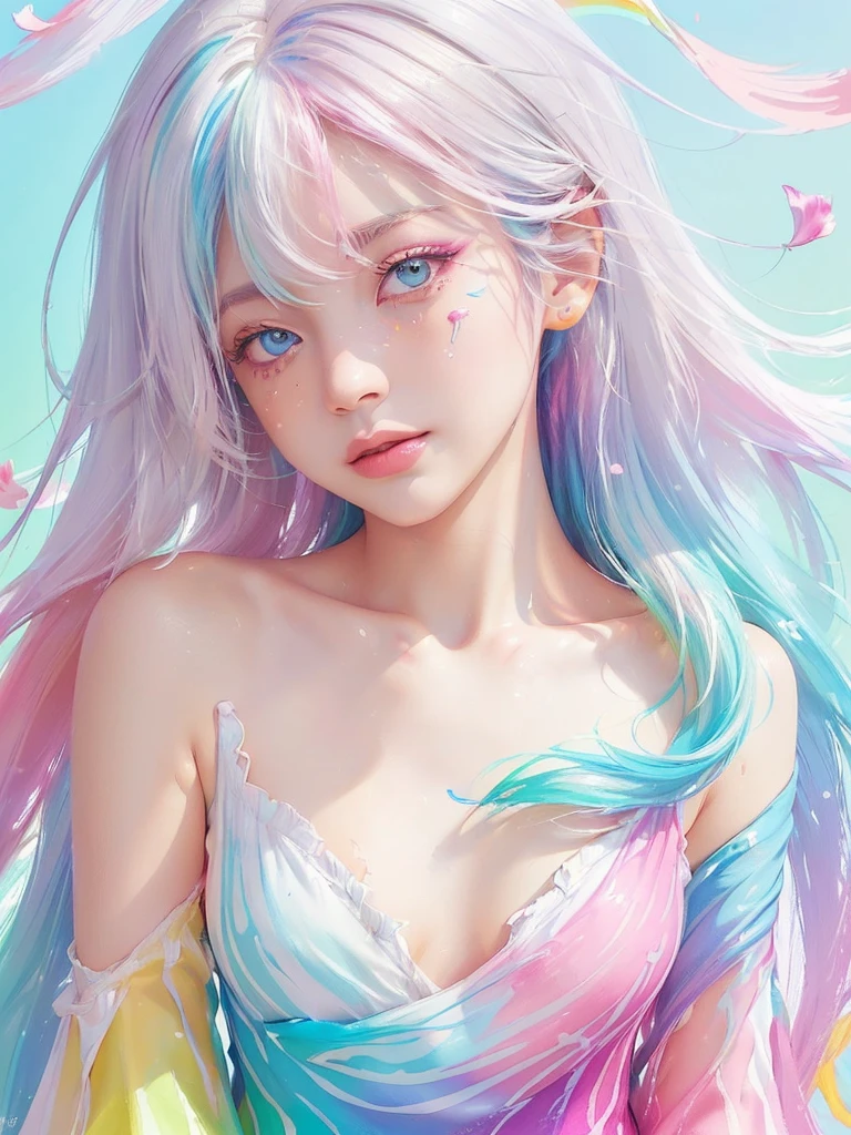（Pink Fashion T-shirt：1.9），(Colorful hair: 1.8), (all the colours of the rainbow: 1.8),(((((vertical painting：1.6))), （painting：1.6），front, comics, illustrations, paintings, large eyes, crystal clear eyes,（ rainbow color gradient high ponytail：1.7）, exquisite makeup, closed mouth,(Small Fresh: 1.5),(Wipe Chest: 1.6) ，long eyelashes, white off shoulder T-shirt,  White Shoulder Shirt，looking at the audience, large watery eyes, (rainbow colored hair：1.6), color splash, （solo：1.8）, color splash, color explosion, thick paint style, messy lines, ((shining))，(colorful), (colorful), (colorful), colorful, Thick Paint Style, (Splash) (Color Splash), Vertical Painting, Upper Body, Paint Splash, Acrylic Pigment, Gradient, Paint, Highest Image Quality, Highest Quality, Masterpiece, Solo, Depth of Field, Face Paint,  colorful clothes, (Elegant: 1.2), gorgeous,long hair, wind, (Elegant: 1.3), (Petals: 1.4)，(((masterpiece))),(((best quality))),((ultra-detailed)),(illustration),(dynamic angle),((floating)),(paint),((disheveled hair)),(solo),(1girl) , (((detailed anima face))),((beautiful detailed face)),collar,bare shoulders,white hair, ((colorful hair)),((streaked hair)),beautiful detailed eyes,(Gradient color eyes),(((colorful eyes))),(((colorful background))),(((high saturation))),(((surrounded by colorful splashes))),
