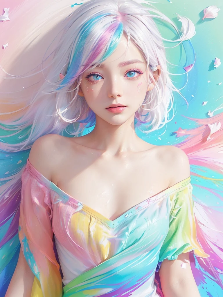 （Pink Fashion T-shirt：1.9），(Colorful hair: 1.8), (all the colours of the rainbow: 1.8),(((((vertical painting：1.6))), （painting：1.6），front, comics, illustrations, paintings, large eyes, crystal clear eyes,（ rainbow color gradient high ponytail：1.7）, exquisite makeup, closed mouth,(Small Fresh: 1.5),(Wipe Chest: 1.6) ，long eyelashes, white off shoulder T-shirt,  White Shoulder Shirt，looking at the audience, large watery eyes, (rainbow colored hair：1.6), color splash, （solo：1.8）, color splash, color explosion, thick paint style, messy lines, ((shining))，(colorful), (colorful), (colorful), colorful, Thick Paint Style, (Splash) (Color Splash), Vertical Painting, Upper Body, Paint Splash, Acrylic Pigment, Gradient, Paint, Highest Image Quality, Highest Quality, Masterpiece, Solo, Depth of Field, Face Paint,  colorful clothes, (Elegant: 1.2), gorgeous,long hair, wind, (Elegant: 1.3), (Petals: 1.4)，(((masterpiece))),(((best quality))),((ultra-detailed)),(illustration),(dynamic angle),((floating)),(paint),((disheveled hair)),(solo),(1girl) , (((detailed anima face))),((beautiful detailed face)),collar,bare shoulders,white hair, ((colorful hair)),((streaked hair)),beautiful detailed eyes,(Gradient color eyes),(((colorful eyes))),(((colorful background))),(((high saturation))),(((surrounded by colorful splashes))),