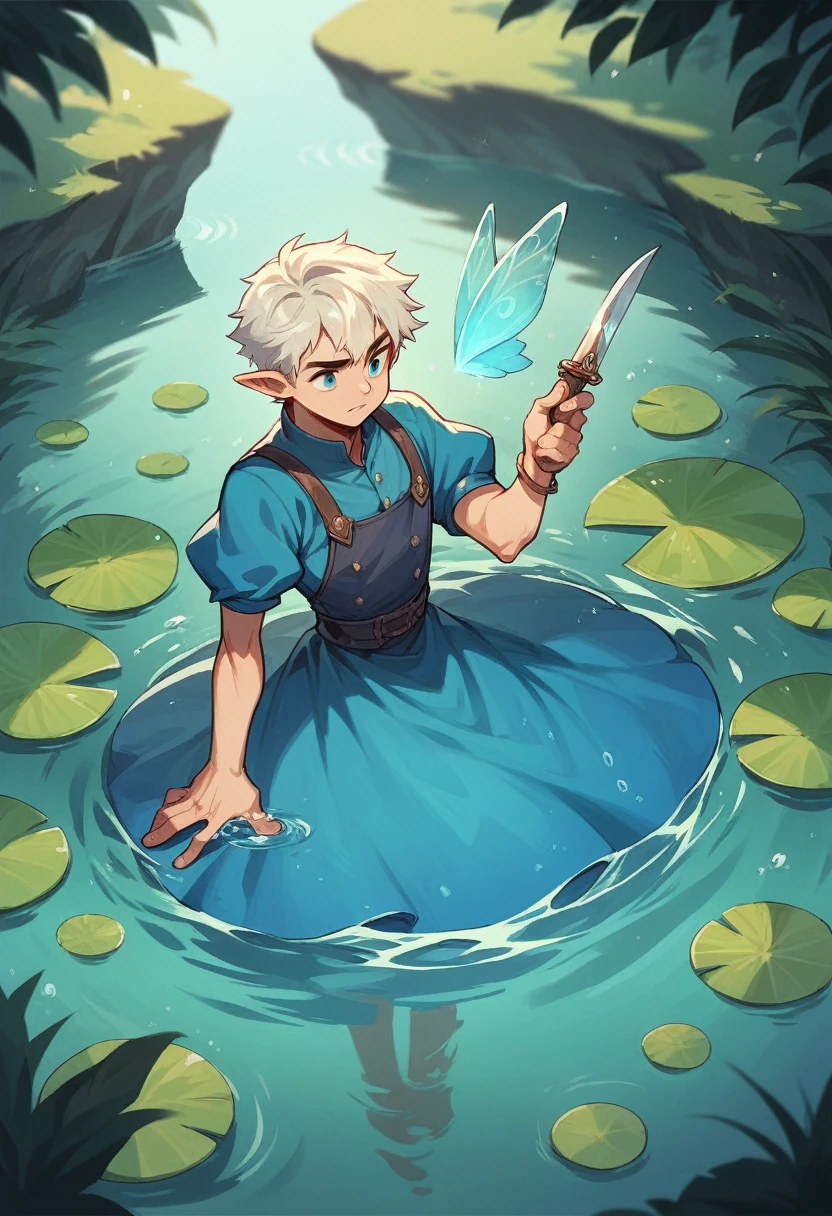 Water fairy submerged at the bottom of a blue lake with a blue dress that covers her entire body, His hair is blue and he holds a magic dagger in his hand.