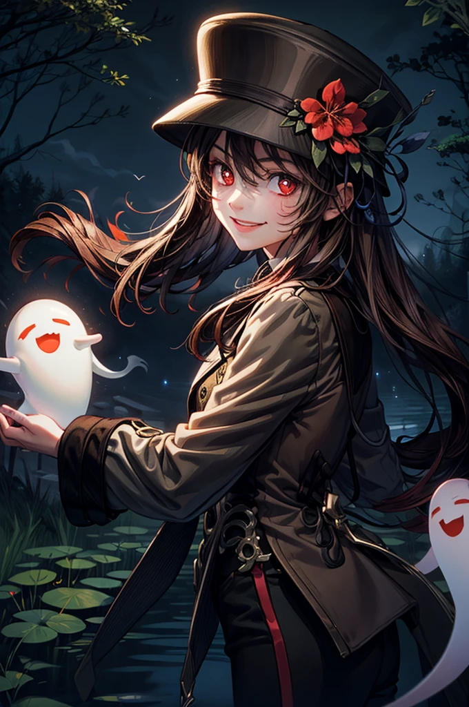 1 girl solo, brown jacket, long brown hair, red eyes, brown hat with red flowers, white ghost smiling, outside in a swampy forest at night, swamp lights, ghost figures around, blue lights flying in the air, will-o-the-wisp