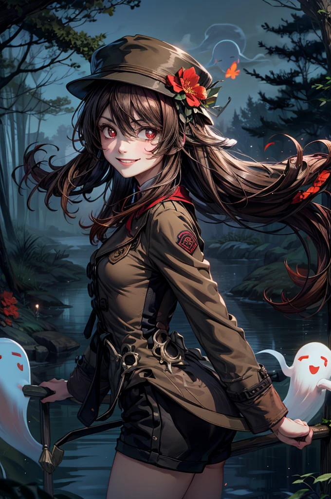 1 girl solo, brown jacket, long brown hair, red eyes, brown hat with red flowers, white ghost smiling, outside in a swampy forest at night, swamp lights, ghost figures around, blue lights flying in the air, will-o-the-wisp
