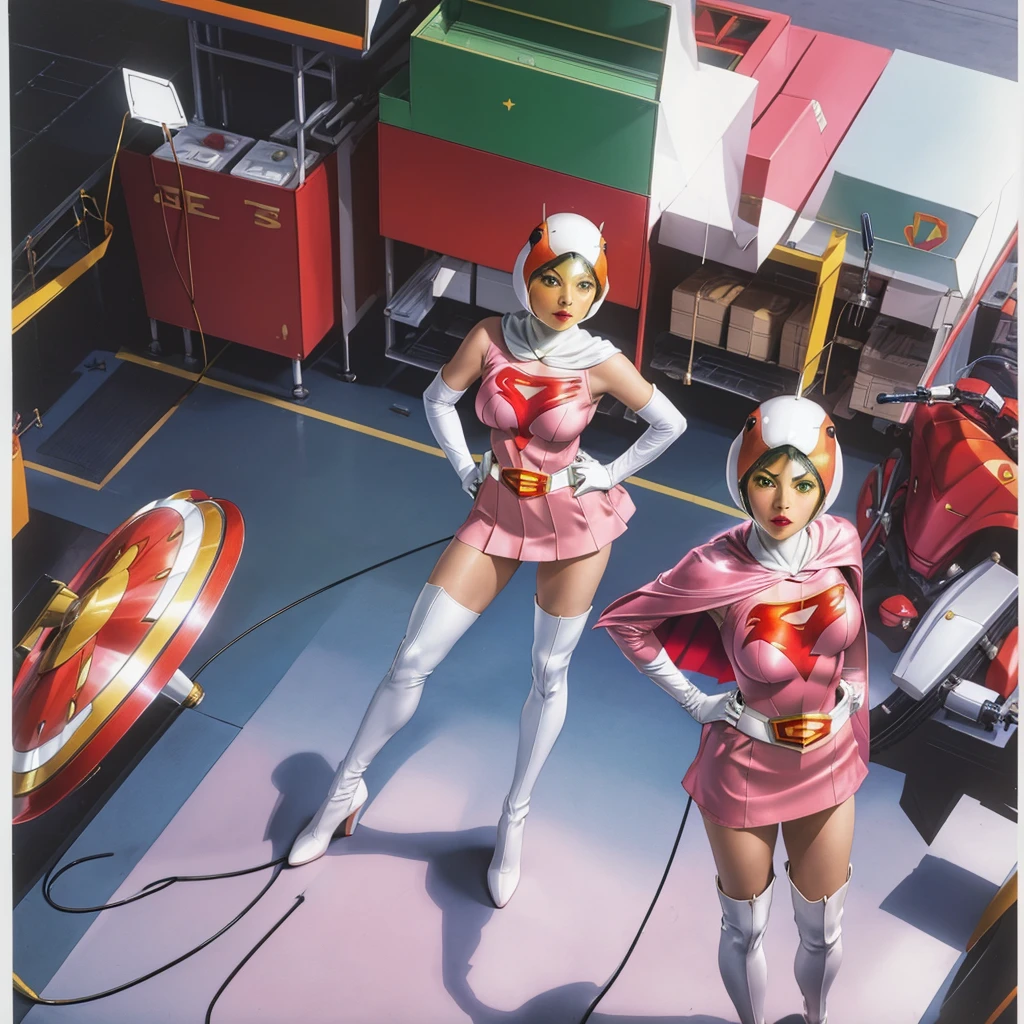 ANI_CLASSIC_jun_gatchaman_ownwaifu,1girl, ,good anatomy, masterpiece, best quality,realistic, hyperrealistic, 16k hdr,breasts,green eyes,lips,large breasts,lipstick,makeup,gloves,cape,helmet,belt,elbow gloves,white gloves,mask,ultra miniskirt,leotard,spacesuit,white tight overknee highheels boots,pink dress,superhero,bodysuit,cleavage,erected nipples,((stand pose,hands on hip,view from below)),cameltoe