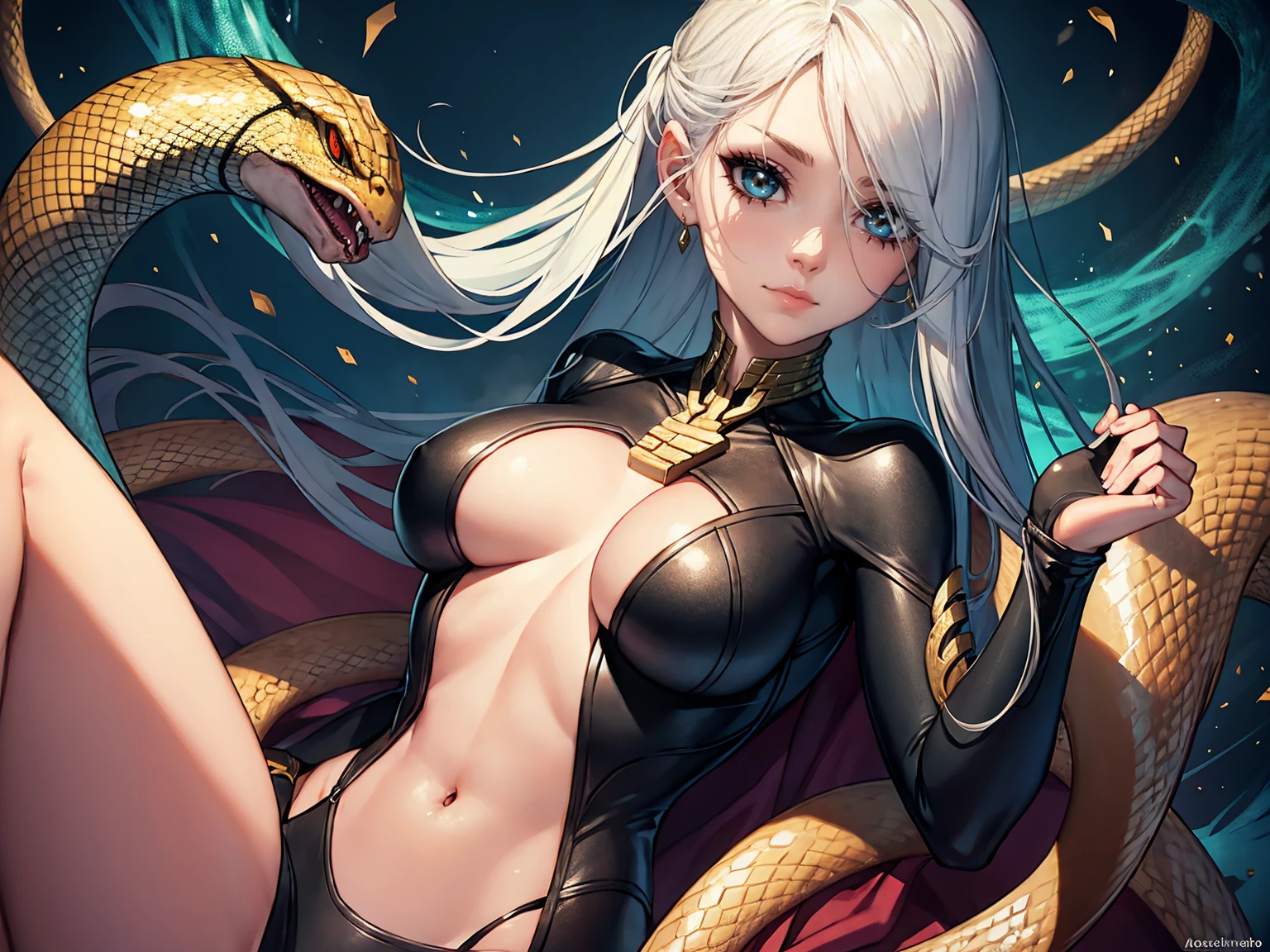 snake person lady, beautiful face, Emphasis on the chest