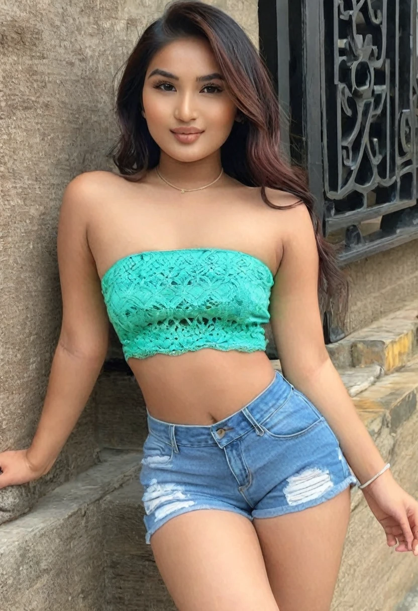 ((Best resolution)), ((high quality:1.2)), Work of art, 8k, extremely detailed, ((High detail:1.2)), (HotLexi woman), Solo, 24 year old Nepali female, (mini-shorts, crop strapless), (beautiful perfect face:1.23),