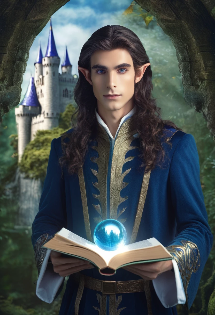 Best quality, high detail, eyes and hands with fingers worked out. Illustration for a book,1 male elf, dark long hair with a blue tint, background forest and castle, in the foreground is a young elf man, elf holding a book and a sphere in his hands, beautiful and tall elf, dark sapphire eyes, young and beautiful elf Mage, Elf magician in white and gold robe, proportional and clear hands and eyes, HD, 8K.