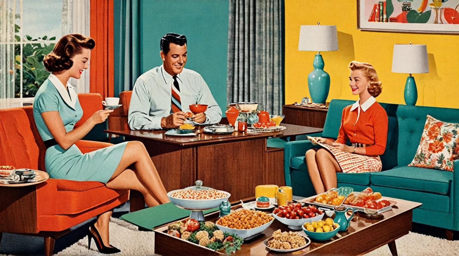 there is a woman and man sitting in a living room with a tray of food, a mid-century modern collage, 50s style infomercial, 1 9 5 0's decor, 1950s illustration style, retro ad, cozy 1 9 5 0's, 1960s illustration, retro illustration, retro 5 0 s style