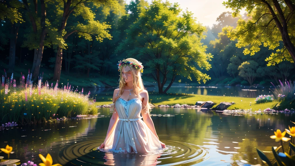 a beautiful 19 year old girl, blonde hair, in a white dress-like garment, standing in a pond up to her knees at an Ivan Kupala festival, wearing a flower crown on her head, (best quality, 4k, 8k, highres, masterpiece: 1.2), ultra-detailed, (realistic, photorealistic, photo-realistic: 1.37), cinematic, dramatic lighting, vivid colors, highly detailed portrait, intricate ornate details, breathtaking scenery, magical realism