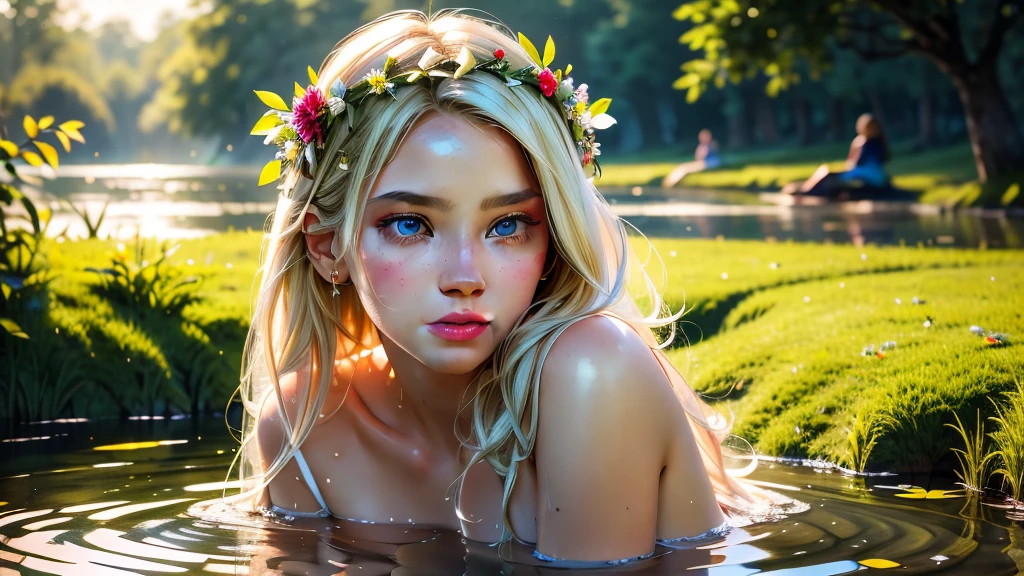 a beautiful 19 year old girl, blonde hair, in a white dress-like garment, standing in a pond up to her knees at an Ivan Kupala festival, wearing a flower crown on her head, (best quality, 4k, 8k, highres, masterpiece: 1.2), ultra-detailed, (realistic, photorealistic, photo-realistic: 1.37), cinematic, dramatic lighting, vivid colors, highly detailed portrait, intricate ornate details, breathtaking scenery, magical realism