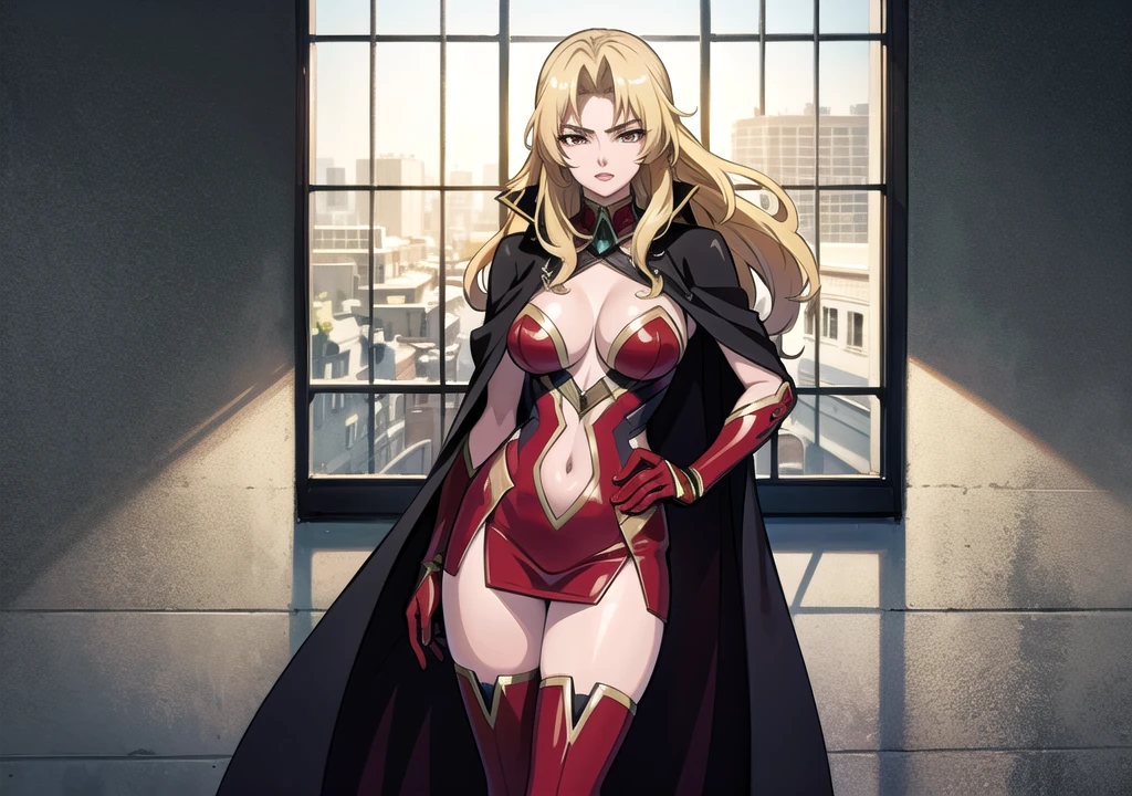 1girl,Alicia Viewsrtream,red lips,red impossible clothes,red elbow gloves,red thigh boots,cape,incredibly absurdres,Volumetric Lighting,moody lighting,thighs,anime,hetero,outstretched arm, hand on hip, best quality:1.4, intricate details, sharp focus, highres, eleborate atmosphere:0.90, 8K, 4K, UHD, 32k UHD resolution, realistic photo, professional photography, Ultra Detailed 8K CG, ultra high res, High quality texture, High quality shadows, vivid colors, HDR, palace, windows, day people, panoramic view,