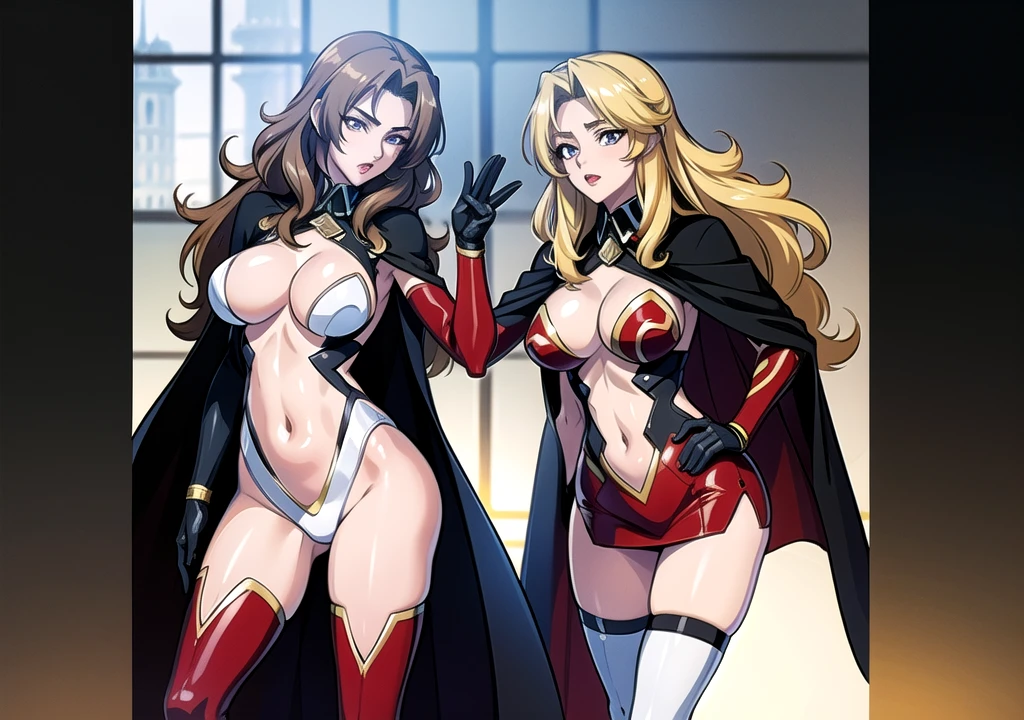 1girl,Alicia Viewsrtream,red lips,red impossible clothes,red elbow gloves,red thigh boots,cape,incredibly absurdres,Volumetric Lighting,moody lighting,thighs,anime,hetero,outstretched arm, hand on hip, best quality:1.4, intricate details, sharp focus, highres, eleborate atmosphere:0.90, 8K, 4K, UHD, 32k UHD resolution, realistic photo, professional photography, Ultra Detailed 8K CG, ultra high res, High quality texture, High quality shadows, vivid colors, HDR, palace, windows, day people, panoramic view,