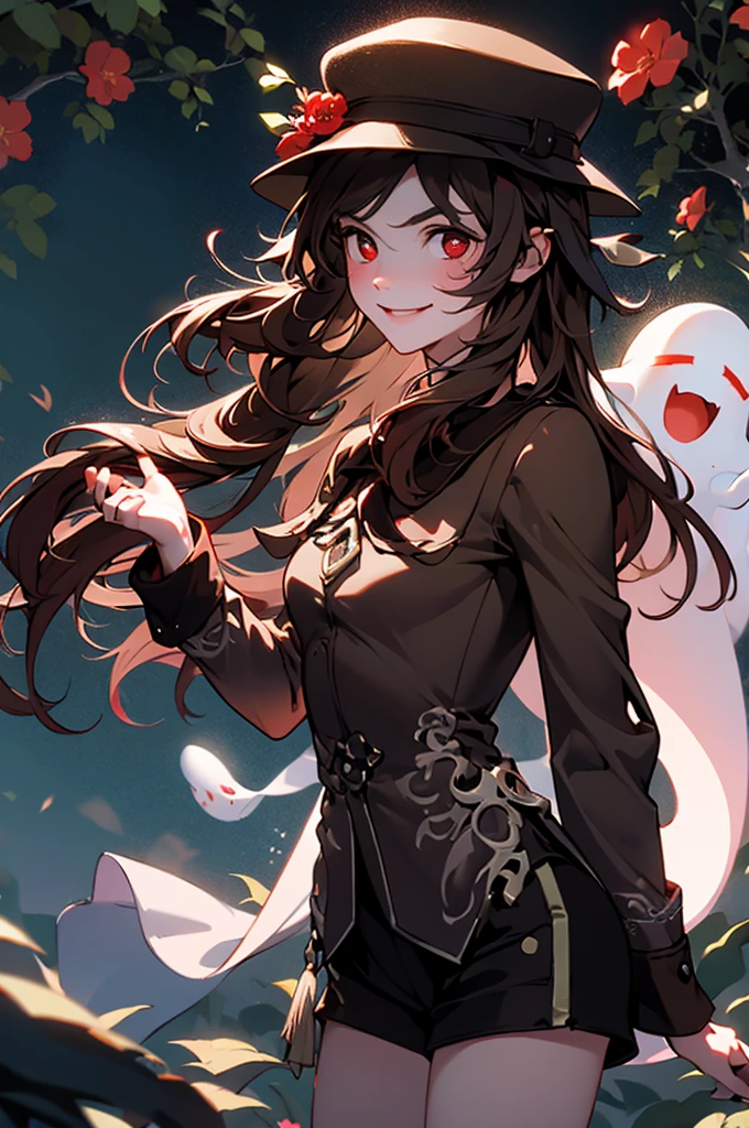 1 girl solo, brown jacket, long brown hair, red eyes, brown hat with red flowers, white ghost smiling, outside in a swampy forest at night, swamp lights, ghost figures around, blue lights flying in the air, will-o-the-wisp