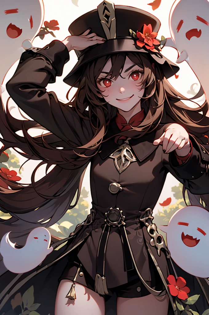 1 girl solo, brown jacket, long brown hair, red eyes, brown hat with red flowers, white ghost smiling, outside in a swampy forest at night, swamp lights, ghost figures around, blue lights flying in the air, will-o-the-wisp